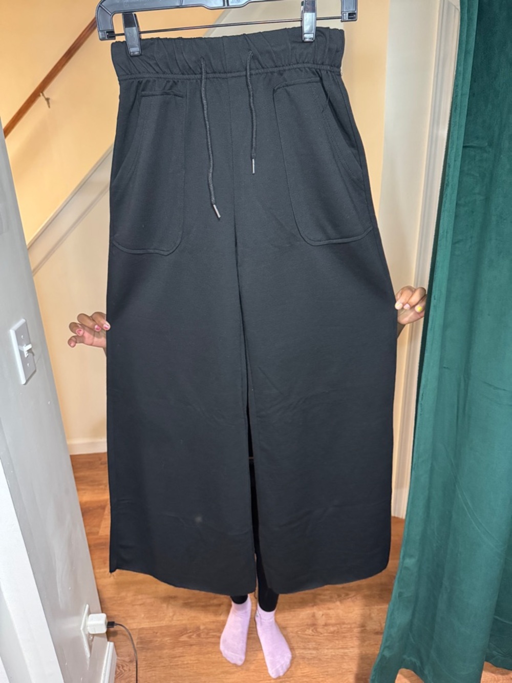 Wide Leg Drawstring Knit Pants - Black